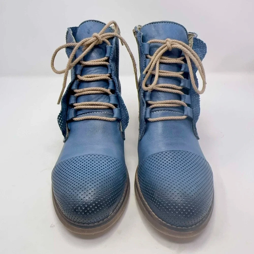 DEKY Italy Blue Leather Perforated Lace Up Ankle Boots Womens 40 US 9 Luxury